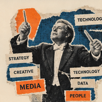 Vintage torn-paper collage of an orchestra conductor surrounded by strategy, creative, media, technology, data and people