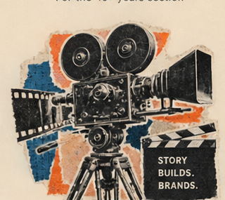 Vintage torn-paper collage of a film camera representing video and production