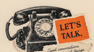 Vintage torn-paper rotary telephone collage with Let's Talk message