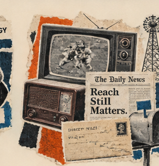 Torn-paper collage combining television, radio, newspaper and direct mail
